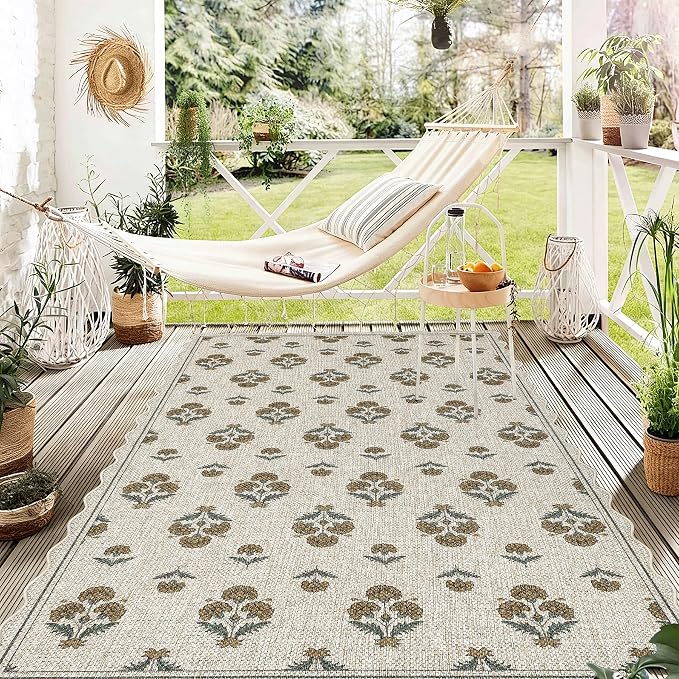 ORTIGIA Scalloped Easy Jute 3x5 Area Rug Vintage Yellow Block Floral Farmhouse Washable Rug Non-Slip Indoor Outdoor Carpet for Living Room Bedroom Kitchen Patio Entryway