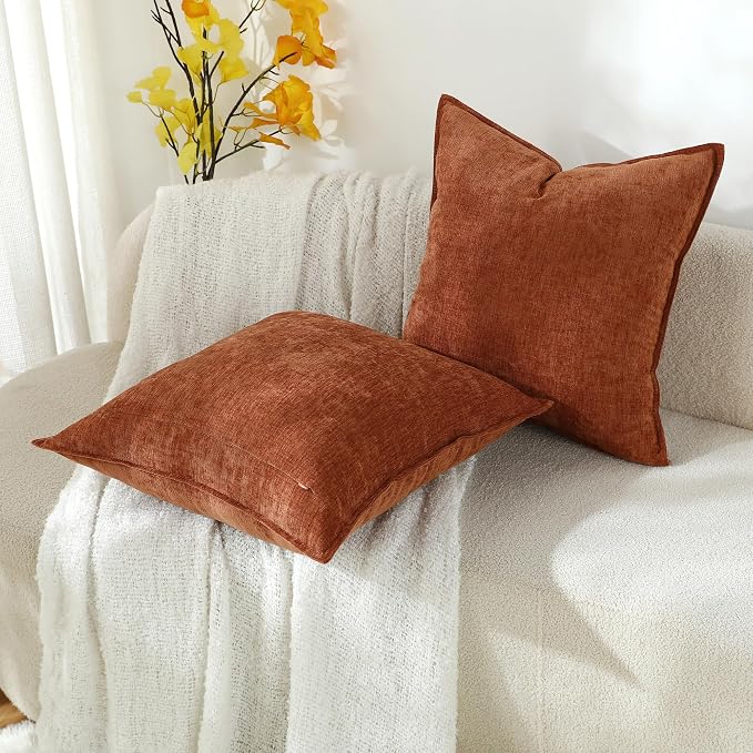 Stellhome Fall Chenille Decorative Pillow Covers 20x20 Inch Natural Burnt Orange Boho Farmhouse Neutral Soft Couch Throw Pillows for Bed Sofa Livingroom Pack of 2 Accent Modern Pillowcase Home Decor
