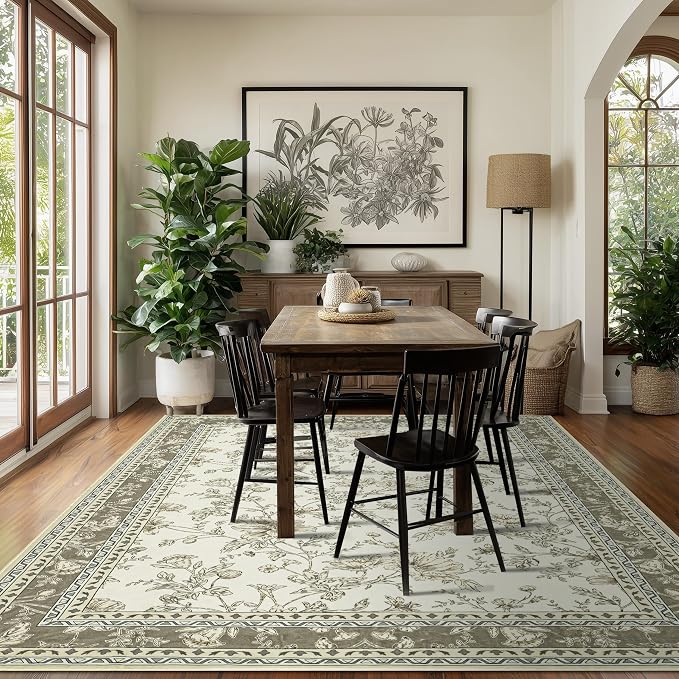 Greyish Beige Floral Rug 5x7 Machine Washable Area Rug for Living Room Vintage Boho Farmhouse Low Pile Distressed Carpet for Dining Room, Bedroom Indoor Non-Slip Tan Taupe Flower Design Home Decor
