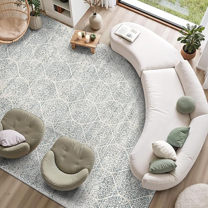 Soalmost 10x14 Area Rug for Living Room, Moroccan Trellis Washable Soft Rug | Stain Resistant Non-Slip Low Pile Natural Extra Large Carpet for Dining Room Bedroom Home Office Nursery Teal Blue, 10'x14'