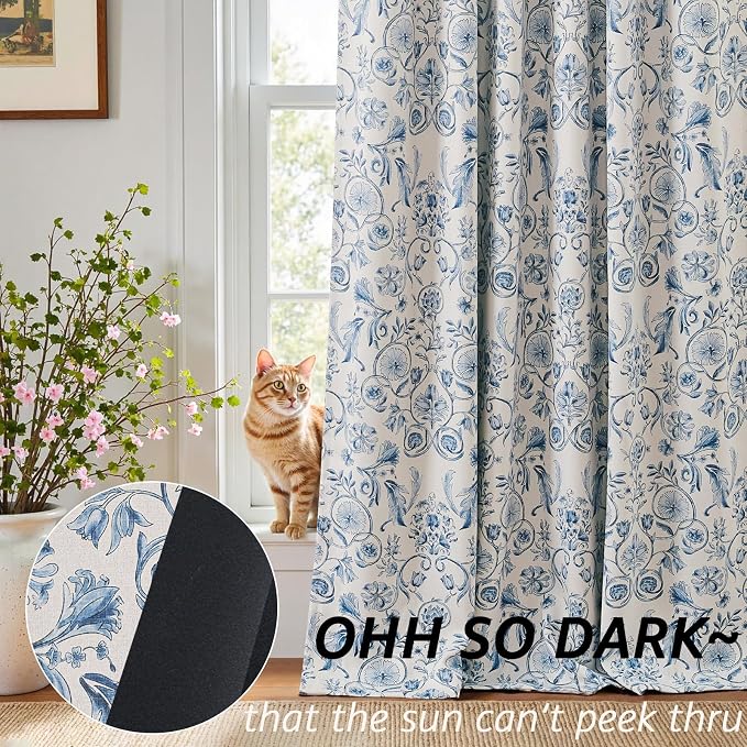 jinchan Blue Floral Blackout Curtains 96 Inch Farmhouse Back Tab 2 Panels | Blue on beige, room darkening, traditional vintage drapes, bedroom, living room, botanical, flower print, window treatment