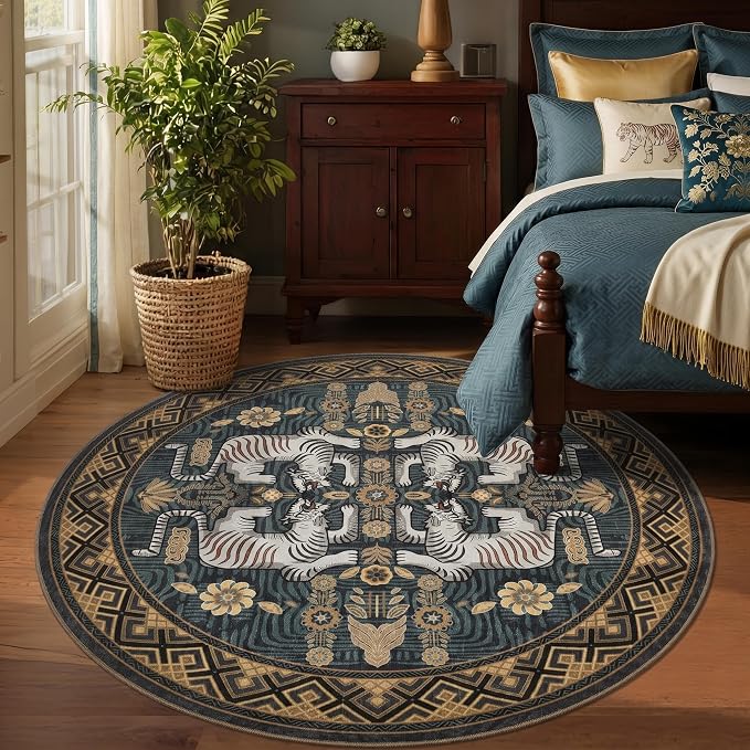 GarveeHome Tiger Round Area Rugs, 4ft Boho Blue Animal Print Bedroom Circle Rugs Non Slip, Washable Vintage Tribal Floor Carpet for Dining Room Entryway Nursery Playroom Office