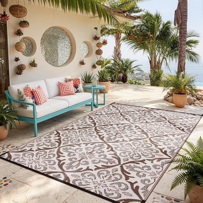 Lahome Outdoor Area Rugs 8x10 Patio Waterproof, Reversible Plastic Straw Rv Outdoor Rugs for Camping, Large Indoor Outdoor Carpet for Porch Deck Backyard Camper Picnic, Khaki 8'x10'