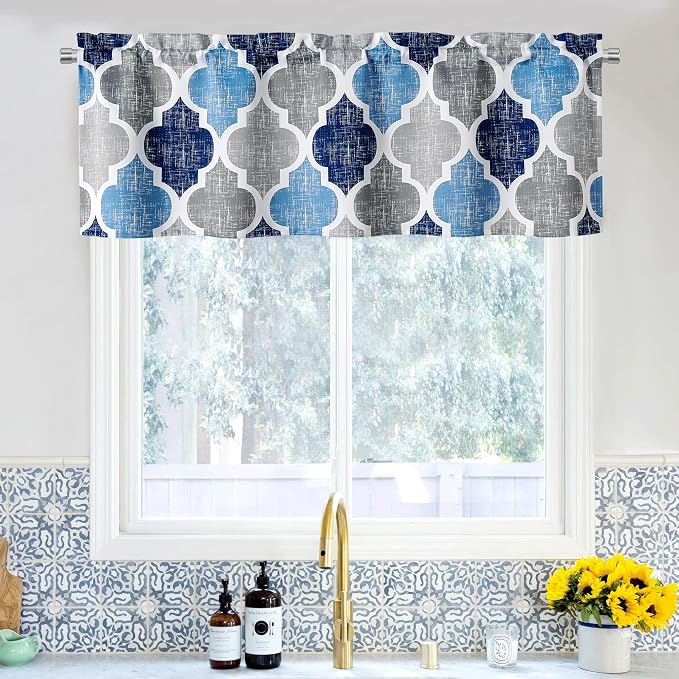 Beauoop Moroccan Valance Curtains for Kitchen Cafe Blue Grey 52x18 1 Panel | Geometric Blackout Short Curtains for Living Room Bedroom 18 Inch Length Thermal Quatrefoil Small Window Curtains Rod Pocket