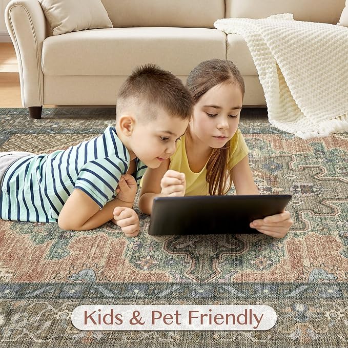 Tortania Area Rug Living Room Rugs - 12x15 Washable Boho Rug Vintage Oriental Distressed Farmhouse Large Thin Indoor Carpet for Living Room Bedroom Under Dining Table Home Office - Sage Terracotta