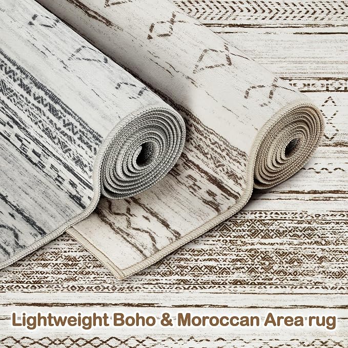 Tortania Area Rug Living Room Rugs - 10x14 Washable Large Soft Neutral Boho Moroccan Bohemian Farmhouse Rug Indoor Floor Carpet for Bedroom Under Dining Table Home Office Decor - Cream Brown