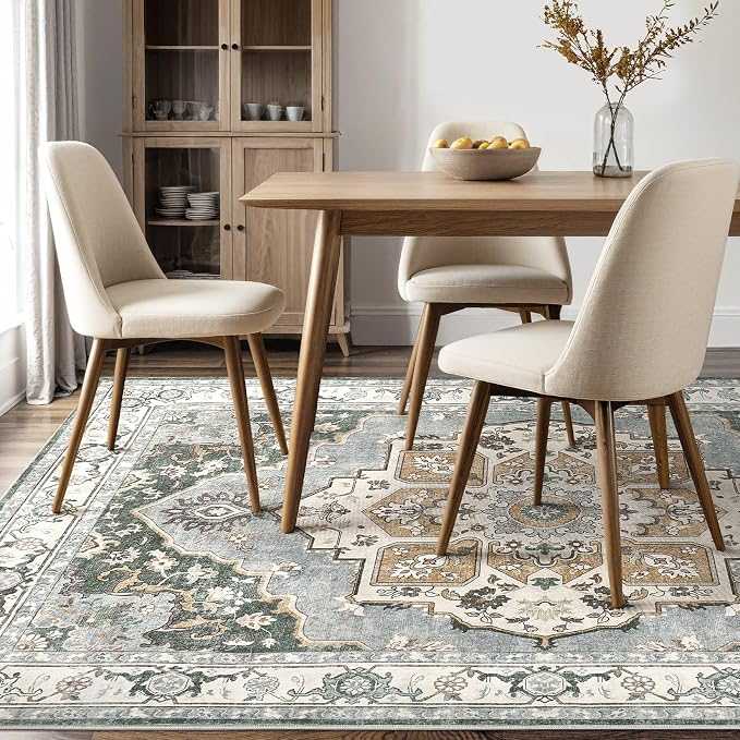 5x7 Washable Area Rug: Vintage Neutral Soft Non Slip Thin Large Floor Carpet for Living Room Bedroom Kitchen Dining Room Home Office Farmhouse Indoor - Green