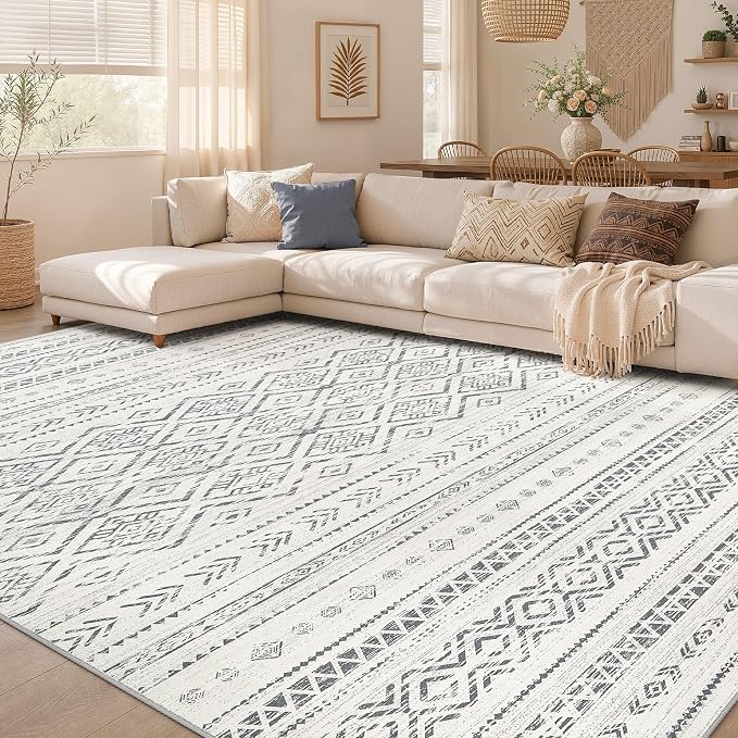 Nakagishi Area Rug Living Room Rugs: 9x12 Large Soft Machine Washable Boho Moroccan FarmNeutral Stain Resistant Indoor Floor Carpet for Bedroom Under Dining Table Home Office Decor-Grey