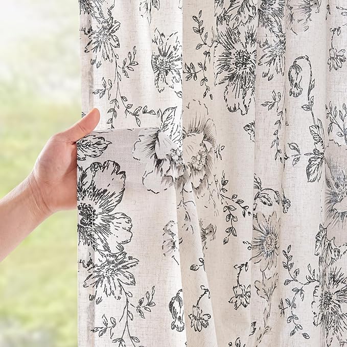 jinchan Black Floral Linen Curtains 96 Inch Farmhouse Back Tab 2 Panels | Light filtering drapes, semi sheer, farmhouse, cottagecore, rustic, living room, bedroom, rod pocket, window treatment
