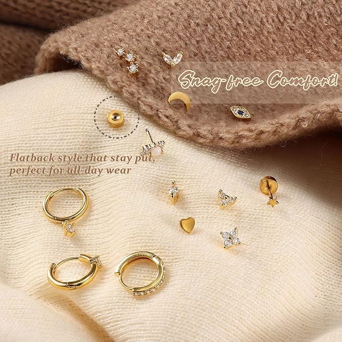 KRFY 25Pcs/17 Pairs Hypoallergenic Surgical Steel Earrings for Sensitive Ears 14K Gold Plated Flat Back Cartilage Earrings for Women Men Screw Back Flatback Stud Hoop Earring Set for Multiple Piercing