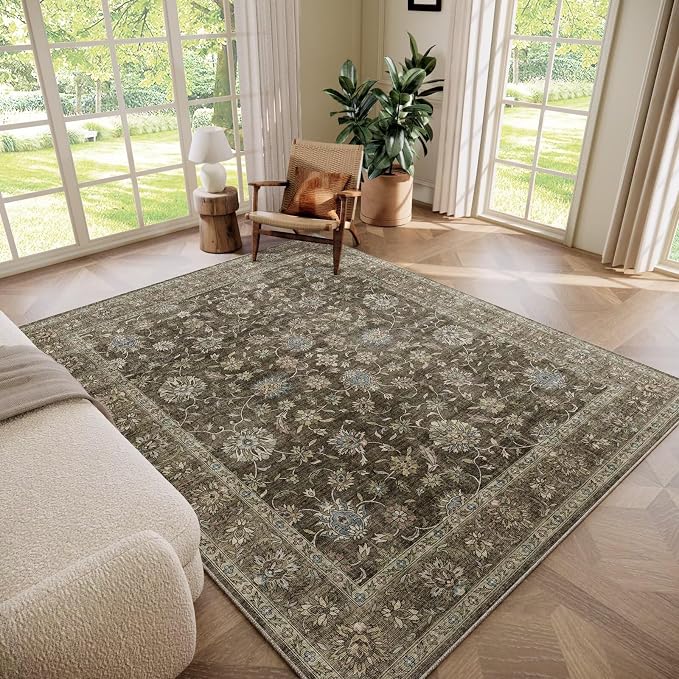 Boho Washable 5x7 Area Rugs for Living Room, Cushioned, Tan/Flaxen | Vintage Non-slip Rugs for Bedroom Dining Room Nursery Office, 0.3" Neutral Oriental Throw Thin Carpet, Tan/Flaxen/Multi