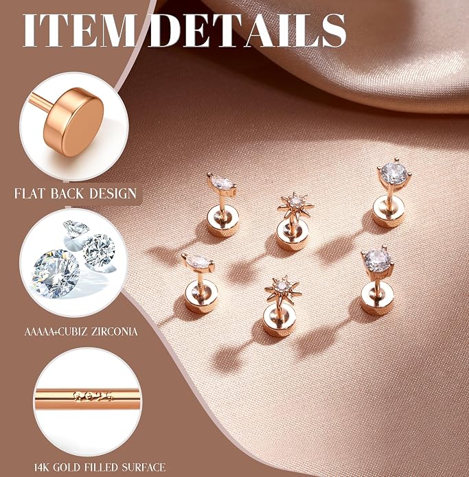 14K Gold Plated Solid 925 Sterling Silver Post Flat Back Earrings Stud | Cartilage Helix Conch Tragus Piercing Jewelry 3 Pairs Tiny Screw Dainty CZ Opal Earring Set Men Women