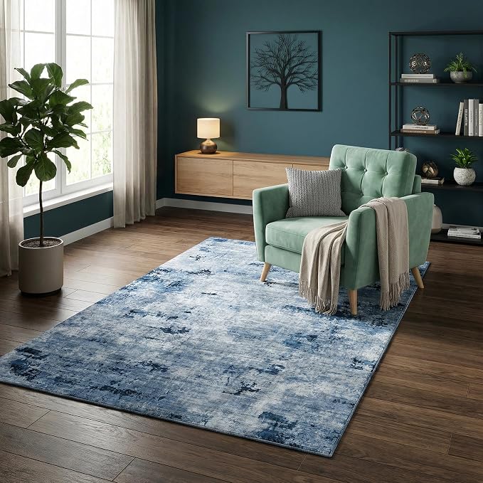 Washable Area Rug, Non-Slip Abstract Distressed Rugs, Ultra Soft 0.26" Low Pile Carpet for Entryway Bedroom Bedsides, Water-Resistant & Foldable, 3'x5', Blue