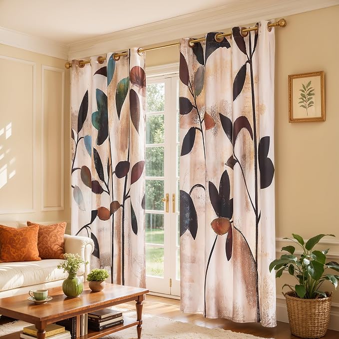 SUBRTEX Blackout Curtains 52Wx108L, Room Darkening Floral Curtains, Thermal Insulated 2 Panels Window Drapes, Boho Farmhouse Curtains for Living Room Bedroom Window Treatments, Brown