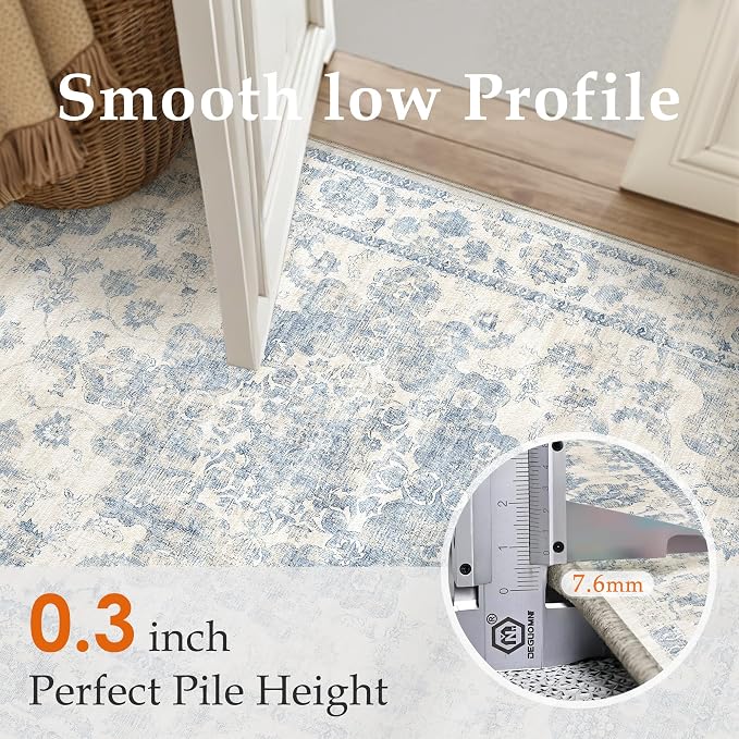 5x7 Blue Neutral Area Rug | Washable, Non Slip, Soft Low Pile, Vintage Farmhouse, for Living Room Bedroom Dining Room Office Indoor Home Decor