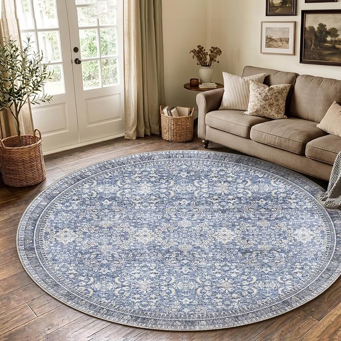 Sasttie Round Rugs 8ft, Ultra-Soft Washable Circle Rug, Low Pile Foldable Thin Carpets with Non-Slip Backing, Skin-Friendly Stain Resistant Carpet for Living Room, Bedroom, Kitchen, Dorm, 8ft, Blue