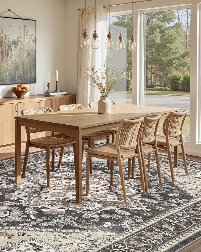 10x12 Vintage Area Rug: Washable Neutral Soft Non Slip Thin Large Floor Carpet for Living Room Bedroom Kitchen Dining Room Home Office Farmhouse Indoor - Black