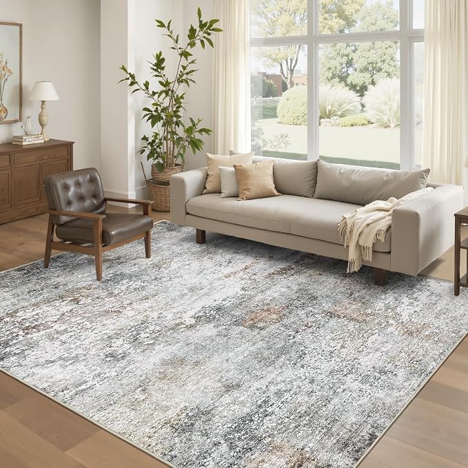 Art&Tuft Washable Rug 6x9, Anti-Slip Backing Abstract Area Rugs, Stain Resistant 6x9 Rugs for Living Room, Foldable Machine Washable Area Rug(6'x9', Grey/Rust)