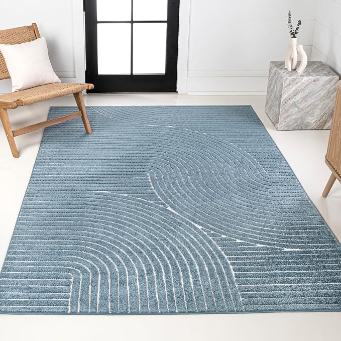 JONATHAN Y Hallie High-Low Curve Dark Blue/Cream 8x10 Indoor/Outdoor Area Rug, Minimalist Geometric, Pet Friendly, for Patio, Backyard, Living Room, Bedroom, Office, Hose-Washable (SCN100C-8)
