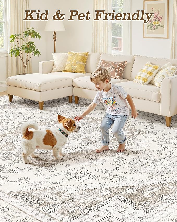 12x15 Vintage Area Rug: Washable Neutral Soft Non Slip Thin Large Floor Carpet for Living Room Bedroom Kitchen Dining Room Home Office Farmhouse Indoor - Brown