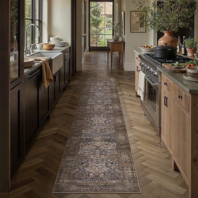 HUGEAR Hallway Runner Rugs 2x10 Blue Brown Washable Rug Neutral Vintage Rug Carpet Distressed Soft Durable Non Slip No Shedding for Indoor Bedroom Kitchen Dining Nursery Laundry