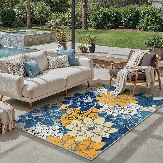 GENIMO 6x9 Outdoor Rug, Washable for Patio and Deck, Blue Yellow | Floral design for dining area; fade resistant chenille with quick-dry non-slip backing for indoor sunroom