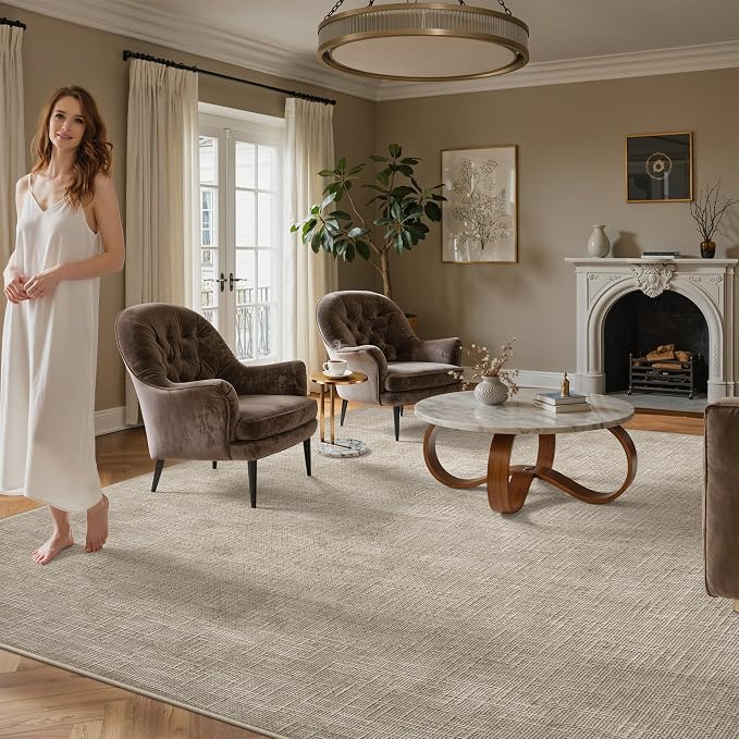 Valenrug 7x9 Area Rug - Stain Resistant 7x9 Rugs for Living Room, Non Slip High-Low Pile Textured Area Rugs for Bedroom, Folable Machine Washable Area Rug (7'x9', Beige)