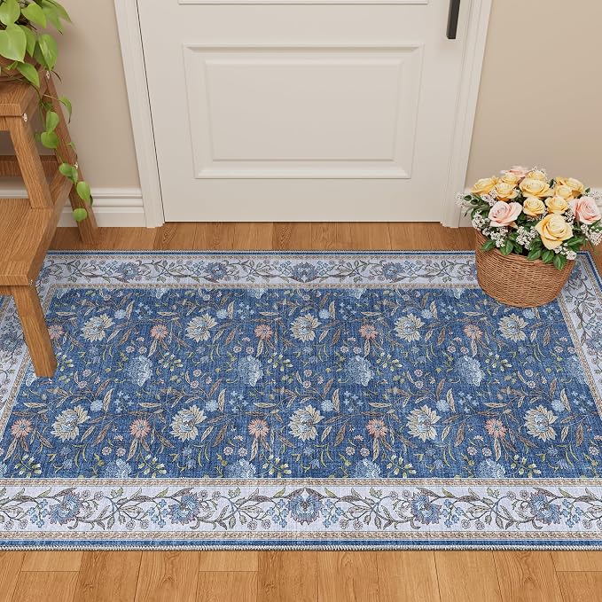 DUKINO 2x4 Rug, Washable Vintage Floral Entryway Rug Non Slip, Sky Blue | Low Pile, Non-Shedding, Stain Resistant Boho Lightweight Soft Indoor Carpet for Kitchen Bathroom Hallway Laundry Farmhouse
