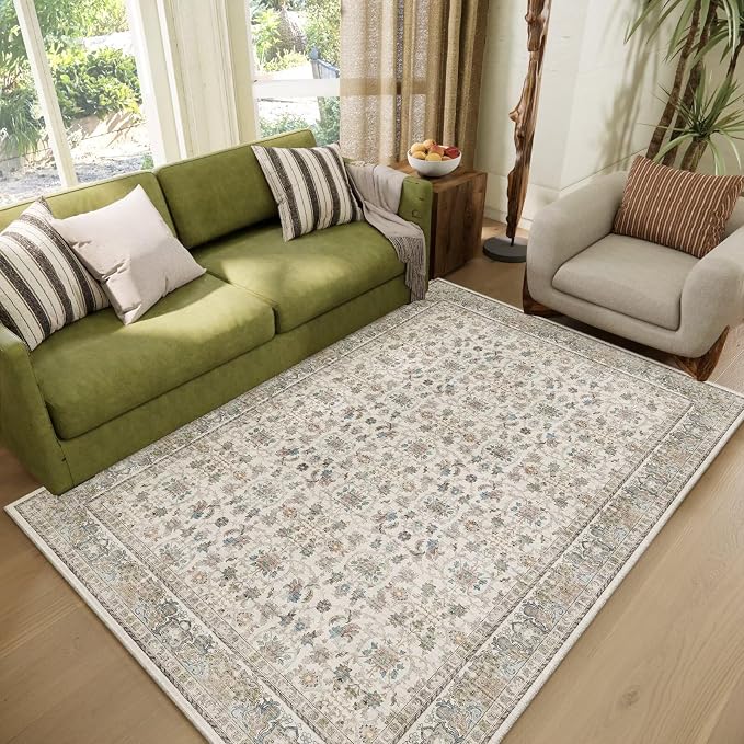 Washable 4x6 Rugs, Boho Vintage Non-Slip Distress Rugs, Cream/Blue | 0.3" Neutral Throw Rugs for Bedroom Kitchen Nursery Living Room, Cushioned Area Rug for High-traffic