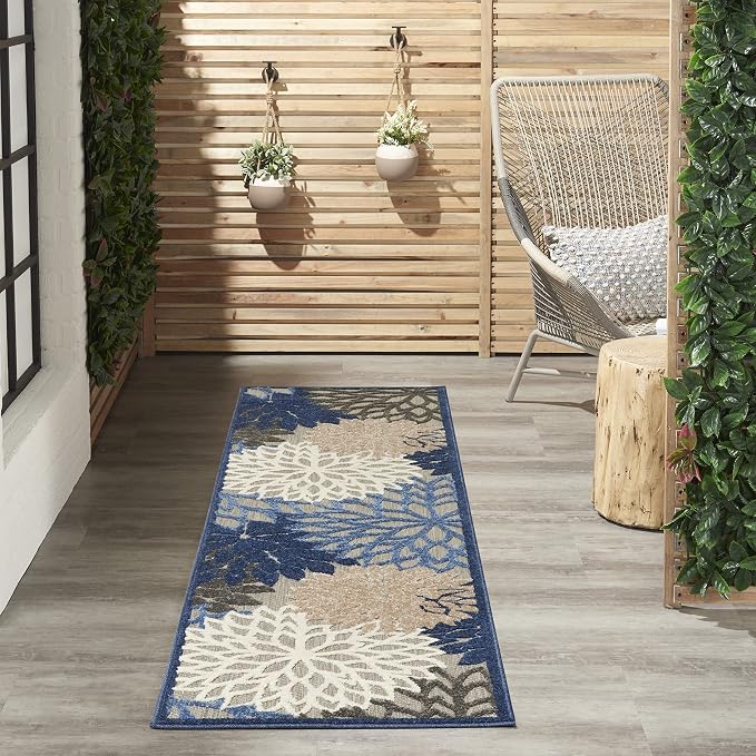 Nourison Home Aloha Indoor/Outdoor Blue/Multicolor 2' x 6' Area Rug, Tropical, Botanical, Easy Cleaning, Non Shedding, Bed Room, Living Room, Dining Room, Deck, Backyard, Patio (2x6)