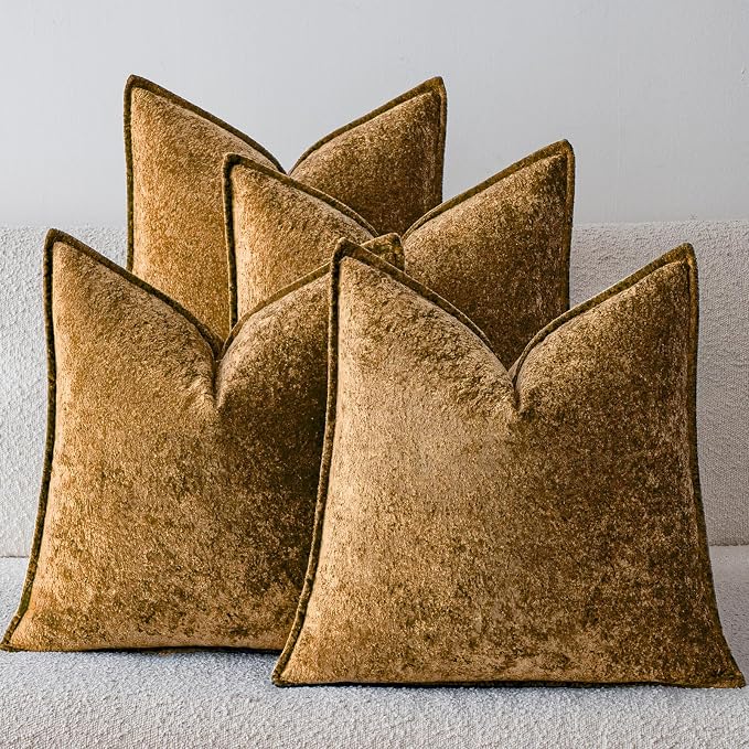 a moment Throw Pillow Covers 22X22 Inch 4 Packs,Soft Velvet Decorative Pillow Cases with 3D Ice Flower,Texture Modern Accent Cushion Covers for Sofa Couch Home Decor Golden Brown