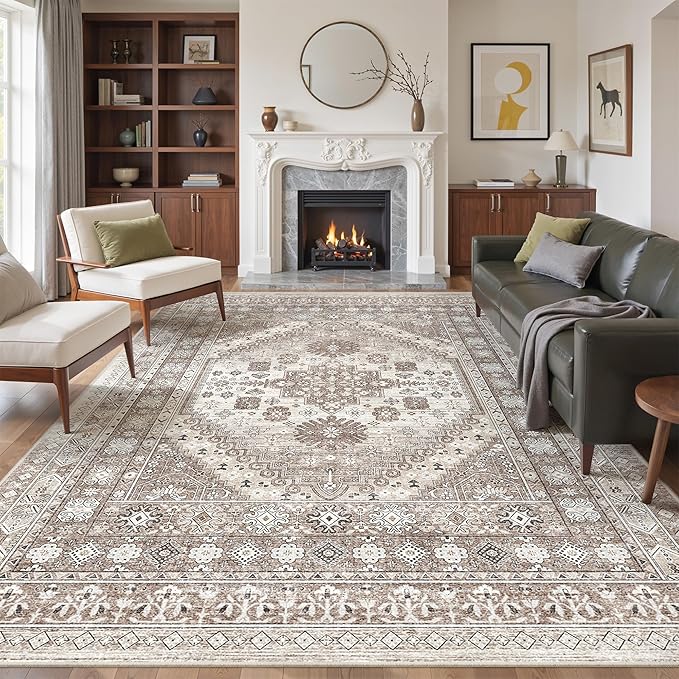 befbee 9x12 Area Rug,Ultra-Thin Washable Rugs for Living Room,Non-Slip Lightweight Foldable Area Rug,Stain Resistant Vintage Large Rugs (Brown/Beige,9'x12')