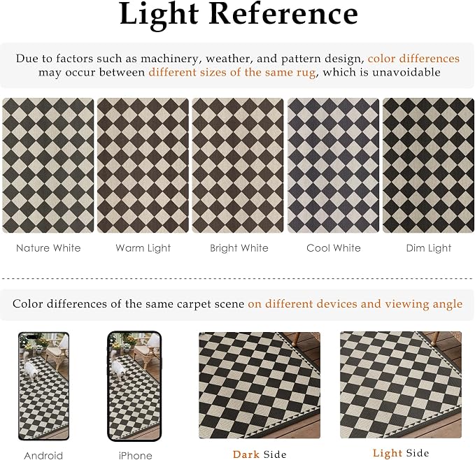 HUGEAR 5x7 Outdoor Rug Black/Beige Linen-Look Fabric Checkered Area Rug High Traffic Stain Resistant Easy Clean Durable Rugs for Indoor/Outdoor Patio Deck Balcony Porch Garden Courtyard