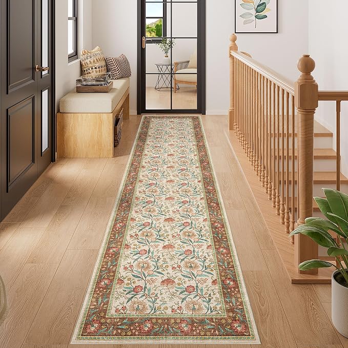 DUKINO 2x8 Runner Rug, Washable Vintage Floral Kitchen Rugs, Brown | Non Slip, Low Pile, Stain Resistant Aesthetic Soft Carpet Runner for Hallway Bathroom Entryway Bedroom Farmhouse Laundry Room