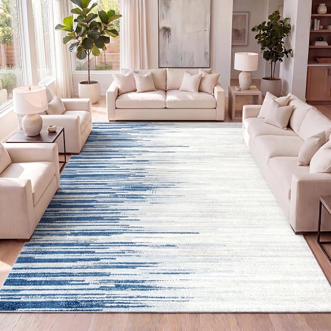 JONATHAN Y Linear Modern Half-Stripe Blue/Cream Indoor Area Rug, 8x10, Contemporary, Transitional, Easy-Cleaning for Living Room, Bedroom, Kitchen, Pet Friendly, Non-Shedding (CTP112A-8)