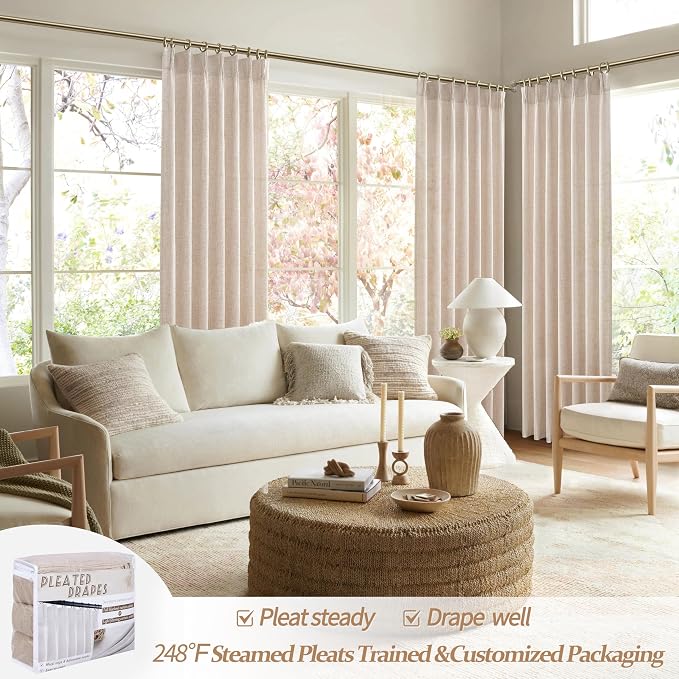 PleatedDrapes Custom Curtains for Living Room 2 Pages, Linen Curtains 102 Inches Long for 100-103 Inch Large Windows Light Filtering Formal Pinch Pleated Flowy Sheer Lightweight Sand Beige W40 xL102