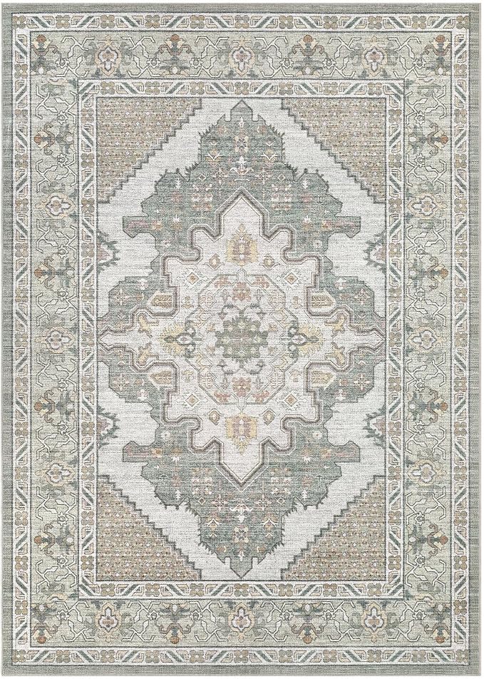 Tortania Area Rug Living Room Rugs - 7x9 Washable Boho Rug Vintage Oriental Distressed Farmhouse Large Thin Indoor Carpet for Living Room Bedroom Under Dining Table Home Office - Sage Green