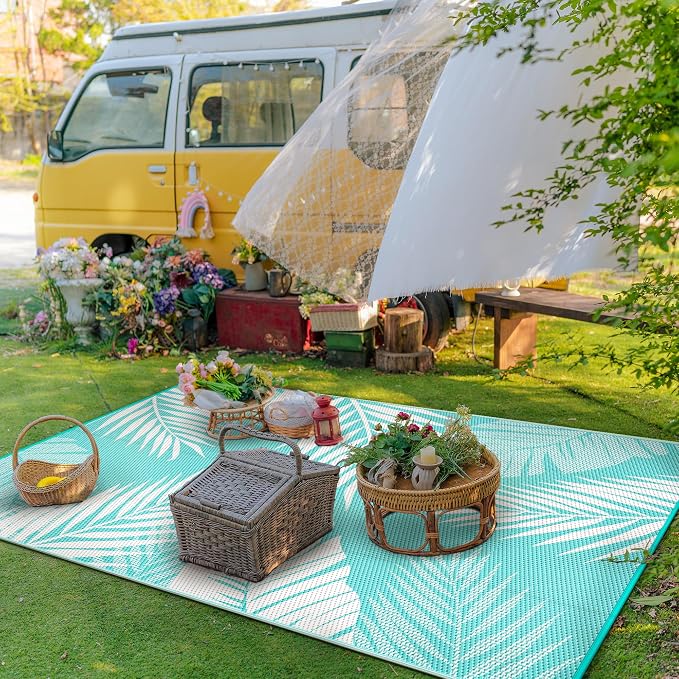 GENIMO Outdoor Rug, Waterproof Plastic Rugs for Patio, 6'x9' Navy White | Outside Larger Leaf Carpet Mat for Porch Decor, Deck, Balcony, Camping, RV, Backyard, Picnic, Beach, Reversible, Foldable