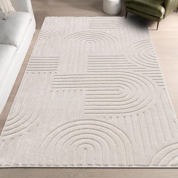 SHACOS Soft Cozy Fluffy Arch Pattern High Low Pile Area Rugs 3'x5' Non Slip Washable Scandinavian Minimalist Rug Modern Geometric Arc Carpet for Living Room Bedroom Dining Room, Beige