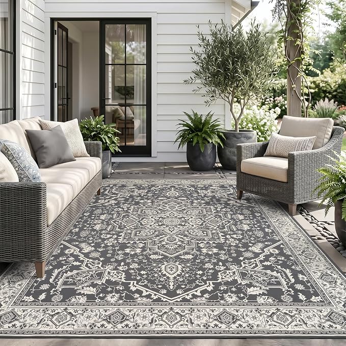 AMOAMI-Outdoor Rug-Patio Rug 8x10 ft Quick Dry Flatweave Textured Machine Washable Outdoor Carpet with Rubber Backing Vintage Outdoor Area Rug for Patio Deck Front Porch Balcony Greyish Black