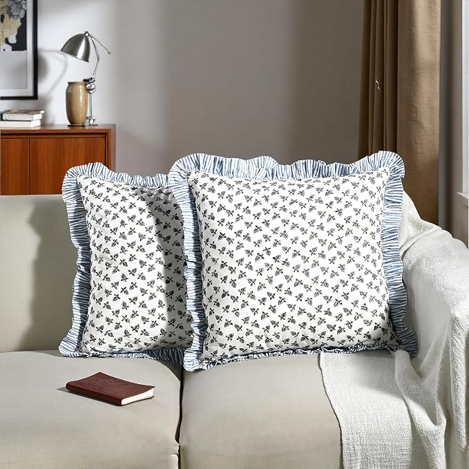 Ridhi Block Print Baby Blossoms Throw Pillow Cover 24" x 24" (Pack of 2) Decorative Cushion Covers with Ruffle for Couch, Sofa, Bed, Living Room, Home Decor Gift for Spring, Easter, Valentine