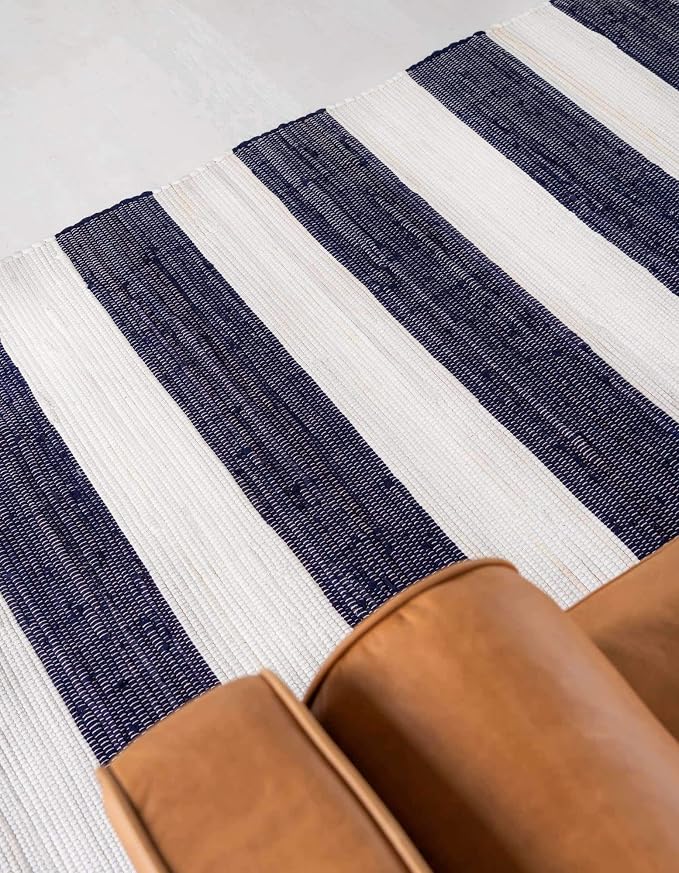 Unique Loom Chindi Rag Collection Area Rug - Striped (8'x 10' Rectangle, Navy Blue/ Ivory)