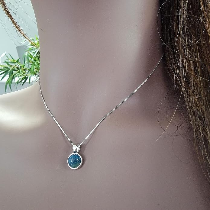Natural gemstone 8mm round pendant with white gold over 925 sterling silver bezel cabochon plate and box chain, real genuine dainty birthstone gift for her, uniquelan jewelry