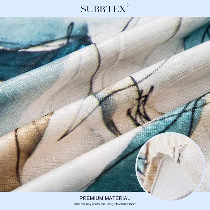 SUBRTEX Boho Leaf Printed Curtains 84 inch Long 2 Panels, Room Darkening Vibrant Floral Drapes, 50% Blackout Light Flitering Curtains, Semi Sheer Farmhouse Curtains for Living Room, 52Wx84L, Blue Leaf