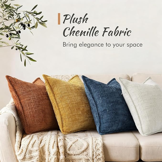 decorUhome Chenille Fall Throw Pillow Covers 18x18 Set of 2,Mustard Yellow | Soft Texture, Slubby Modern Design, Flange Edges, Cozy Accent Pillow Covers for Couch, Sofa, Bed, Living Room