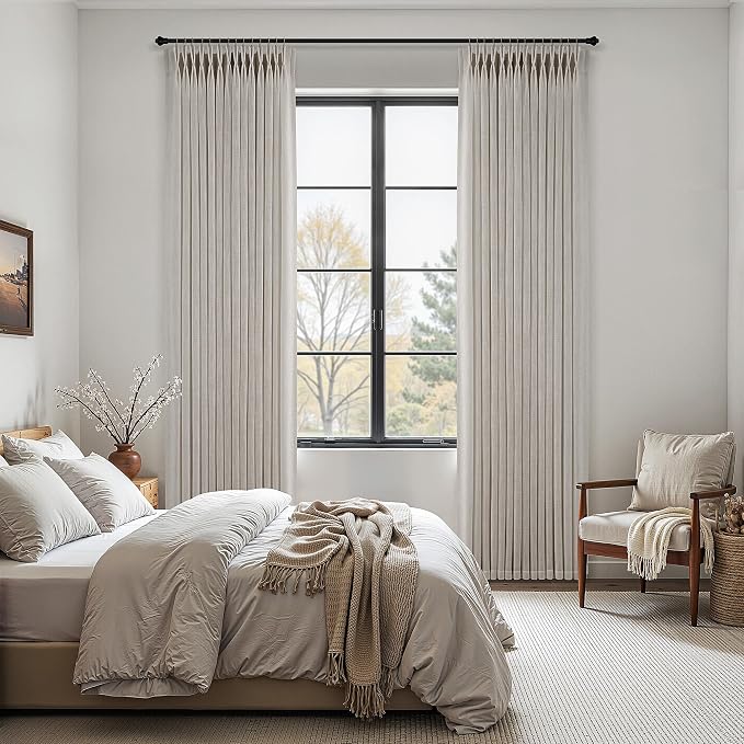 Pinch Pleated Linen Curtains 102 Inches Long 2 Panels for Living Room Bedroom Light Filtering Curtain Memory Shape Trained Pinch Pleat Thick Linen Drapes Back Tab with Hooks Clip Rings Taupe