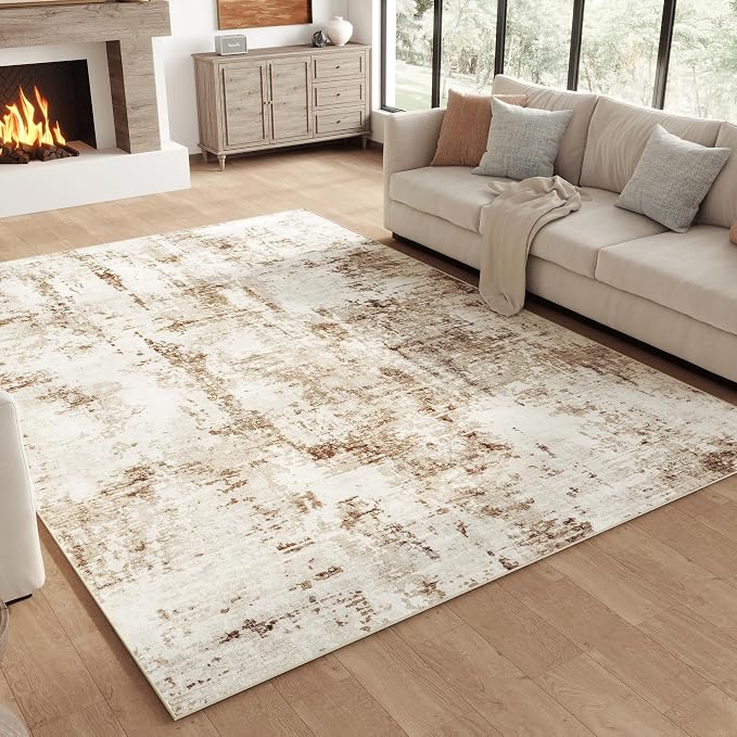 FMFUNCTEX 4x6 Washable Area Rug Brown Beige Abstract Modern Neutral Non Slip Low Pile Indoor Carpet Soft Thin Throw Rug for Entryway Entrance Living Room Bedroom Dining Office Nursery Kitchen Laundry | Washable, Non Slip, Low Pile, Soft Thin, Indoor Ca...