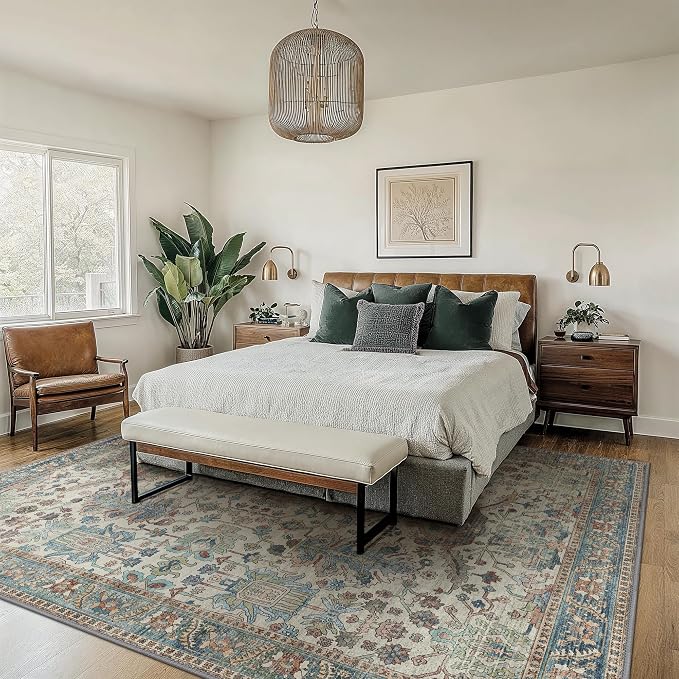 Area Rugs 8x10 Clearance Washable Boho Rug for Bedroom Living Room, Non Slip Thin Low Pile Chenille Carpet for Dining Room,Vintage Farmhouse, Blue/Ivory