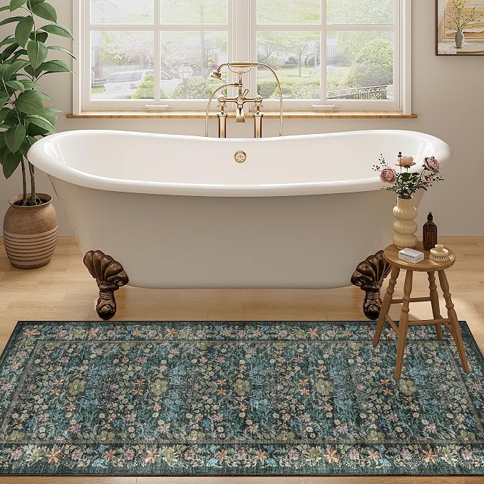 DUKINO 2x5 Rug Runner, Washable Vintage Floral Bathroom Rugs, Blue | Non Slip, Low Pile, Stain Resistant, Lightweight Soft Carpet Runner for Laundry Room Kitchen Hallway Bedroom, Non-Shedding