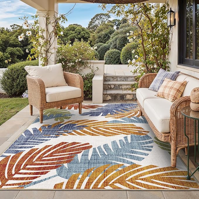 GENIMO 8x10 Outdoor Rug, Washable Quick Dry for Patio, Leaf Tropical Rust | Botanical leaf design for backyard; fade resistant chenille with quick-dry non-slip backing for indoor living rooms.